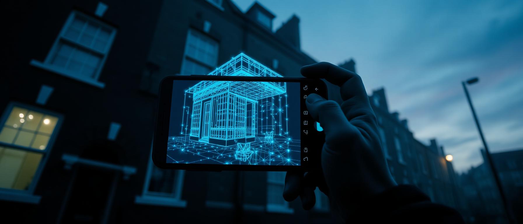 Phone scanning a building facade with AR energy mesh overlay