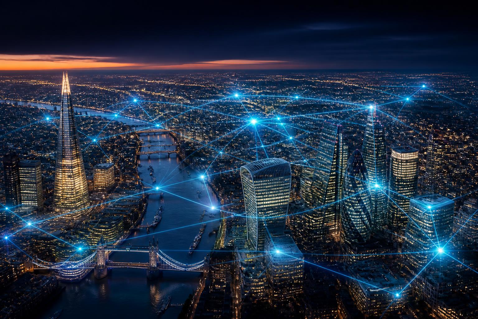 Futuristic UK skyline laced with glowing smart-grid lines